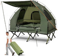 GYMAX Tent Cot, 5-in-1 Folding Camping Cot with Mattress & Pillows, Sleeping Bags, Sunshade, Camping Tent Elevated with Carrying Bag for Outdoor Hiking, Fishing, Picnic