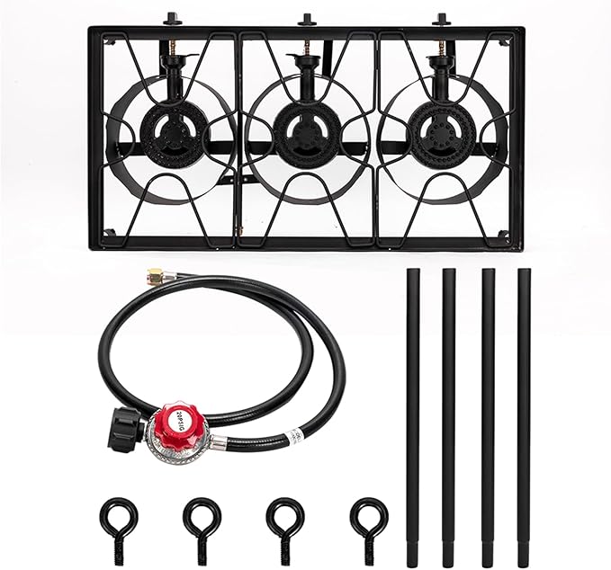 3 Burner Propane Gas Stove for Outdoor Cooking, Heavy Duty High Pressure Propane Gas Cooker Portable Iron Cast Patio Burner with Detachable Stand Legs, Regulator, Camping Cooker (225000-BTU)