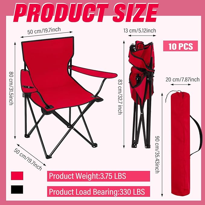 Huwena 10 Pack Folding Camping Chairs Bulk with Cupholder Carry Bags Lightweight Beach Chairs Collapsible Portable Outdoor Lawn Chair for Picnic, Camp, Outside