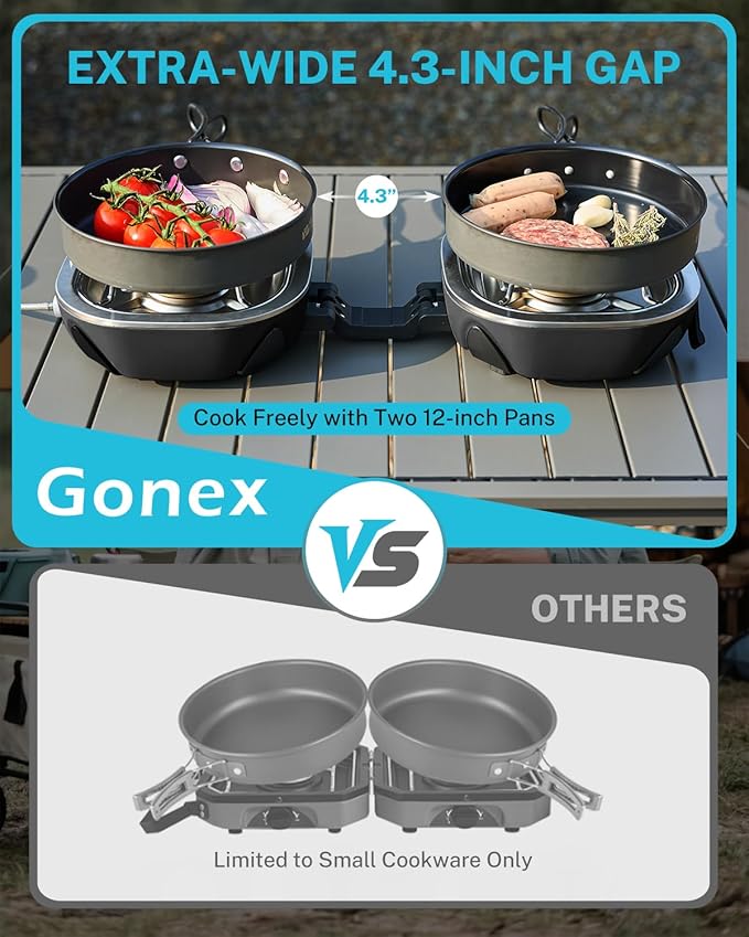 Gonex AeroFlame Dual Burner 20,000 BTUs Propane Camping Stove with Precision Flame Control & Removable Pot Stands, Portable Folding Camp Stove for Camping, Hiking, Patio, BBQ(Black)