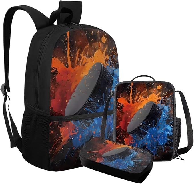 Rnyleeg Hockey Backpack for Boys with Lunch Box Large Capacity School Backpack for Teens 3 Pcs Bookbag Set for Primary School Casual Rucksack for Camping