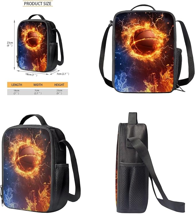 Rnyleeg Fire Basketball Backpack for Boys with Lunch Box Cool Boys Bookbag Age 8-10 Portable School Bag Set 3 Pack for Primary Students Casual Sackpack