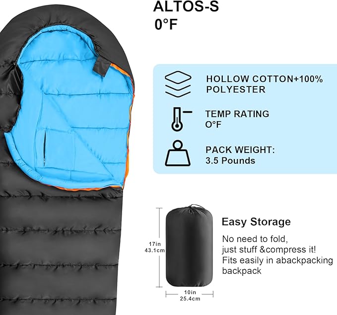 KAMPKEEPER Mummy Sleeping Bag, Cold Weather Camping Sleeping Bag, 32℉ 3-4 Seasons Adults Sleeping Bag, Non-Snag Zipper with Adjustable Hood for Backpacking, Hiking