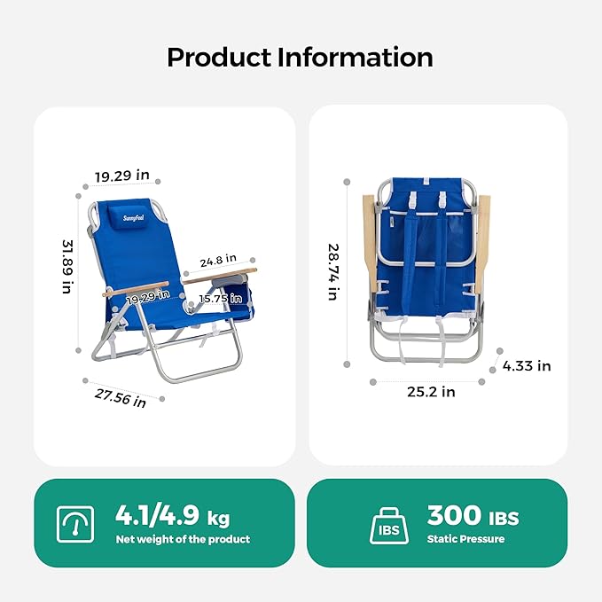 SUNNYFEEL Low Back Folding Beach Chair, Aluminum Heavy Duty Beach Chair with 5-Position, Portable Camping Chair for Adults with Wood Armrest, Lightweight Camping Chair 300lbs, Blue