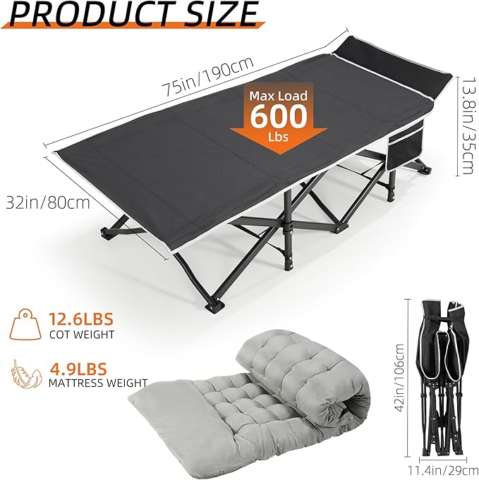 Portable Camping Cot, 32" Extra Wide Camping Cots for Adults with Thick Mattress, Heavy Duty Sleeping Cot Holds Up to 600LBS, Cots for Sleeping, Rv, Beach, Patio, Office Naps 2Pcs (Grey)