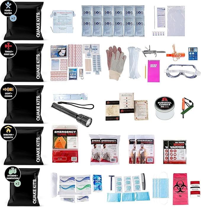 Quake Kits Earthquake Emergency Kit, Go Bag Emergency Backpack, Survival Kits for Disaster Preparedness, 72 Hour Food, First Aid, Water for Hurricanes, Tornado, Storm, Blackout