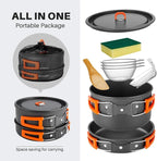 Odoland 9pcs Camping Cookware Non-Stick Lightweight Pots and Pans Set with Plastic Bowls Soup Spoon for Backpacking, Outdoor Cooking and Picnic