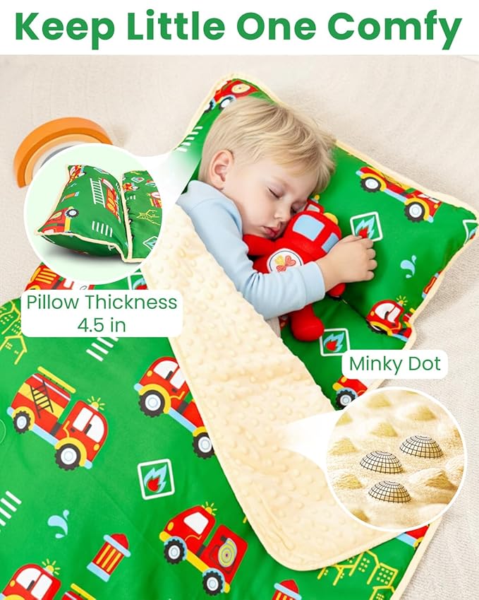 Toddler Nap Mat with Pillow and Minky Blanket, Large 55"x38" Sleeping Bag, Washable, Lightweight, Easy to Roll, Perfect for Preschool, Daycare, Kindergarten, Travel, Boys and Girls-Truck
