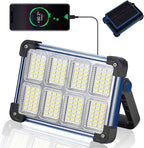 120W Solar Rechargeable Work Light, 144 LED Portable Flood Light with Stand, IP66 Waterproof 4 Modes LED Job Site Lighting Flashlights for Mechanic Camping Fishing Car Repair(Blue 1 Pack)