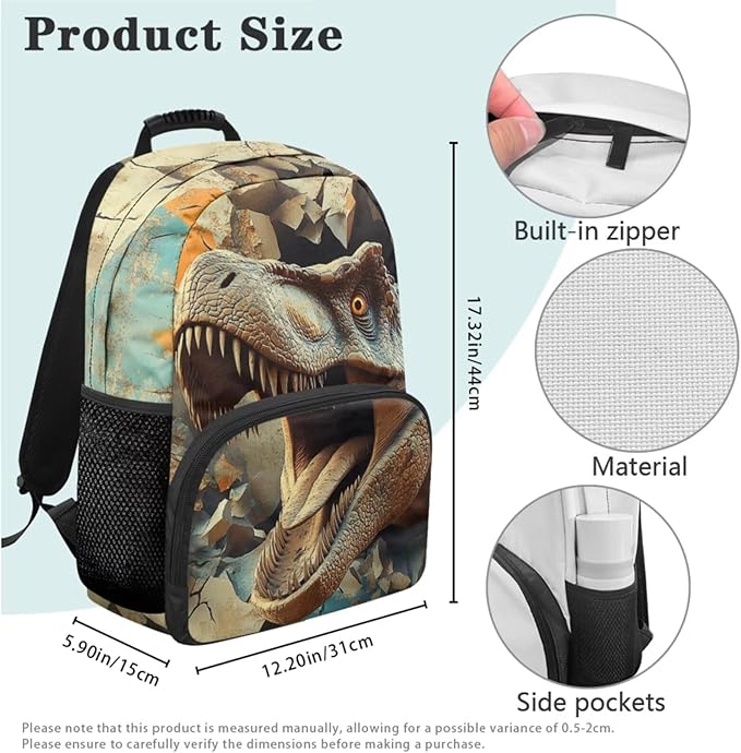 Dinosaur Backpack with Lunchbox Cool Kids Backpack Lightweight Trendy Bookbag for Boys 8-12 with Lunch Box 4 Piece School Bag for Boys 7-8 Outdoor Daypack Travel Back to School Gifts