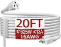 16/3 White Extension Cord 20 FT, Indoor Extension Cord Flexible & Durable, 3 Prong Power Cable, Suitable for Home and Office, 13 Amp 1625 Watt 125VAC 16AWG, ETL Listed