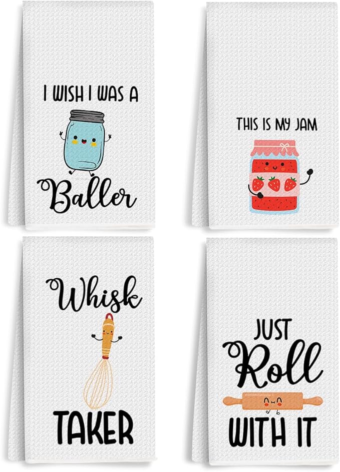 4Pcs Funny Kitchen Towels 24x14 Inch, Cute Kitchen Utensils Waffle Weave Hand Towels for Home Farmhouse, White Absorbent Microfiber Dish Cloth Tea Towel, Housewarming Gifts for Women Mom 1