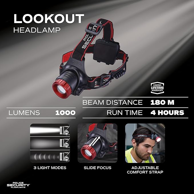 Police Security Lookout Headlamp - 1000 lumens - pivoting Base, Slide Focus —Perfect for Hands-Free Activities, Outdoor Adventures or Emergency situations - Comfort no-Slip Strap, 3 - Modes