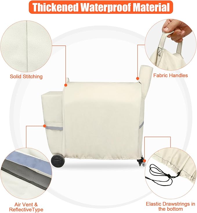 QuliMetal Pellet Grill Cover for Traeger Pro 34/780, Texas Elite 34, Eastwood 34 Series Pellet Grills, Z Grills 700/550/600, 600D Fade Resistant Full Length Grill Cover with Elastic Drawstrings, Beige