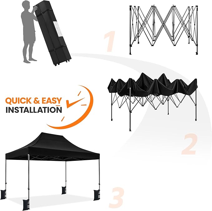 Yaheetech Heavy Duty Pop Up Canopy Tent, 10x15 Commercial Instant Shelter Tent, Outdoor Adjustable Canopy with Wheeled Bag, 4 Sandbags & 8 Stakes, Black
