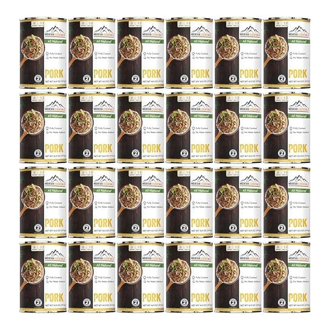 MOUNTAIN ESSENTIALS Canned Pork 14.5 oz – Fully Cooked, Ready to Eat – Pantry Staple Meat for Everyday Meals, Premium Emergency Survival, Bulk Food Storage, Camping, Hiking & Quick Meals – 5-Year Shelf Life – Made in USA – Gluten Free, No Carbs Pack of 24