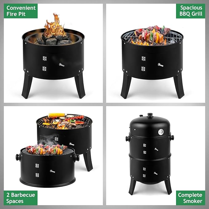 Outvita Vertical 17 Inch Charcoal BBQ Smoker, 3-in-1 Portable Outdoor Grill Cooker with Built-in Thermometer for Outdoor Backyard Cooking Grilling Camping