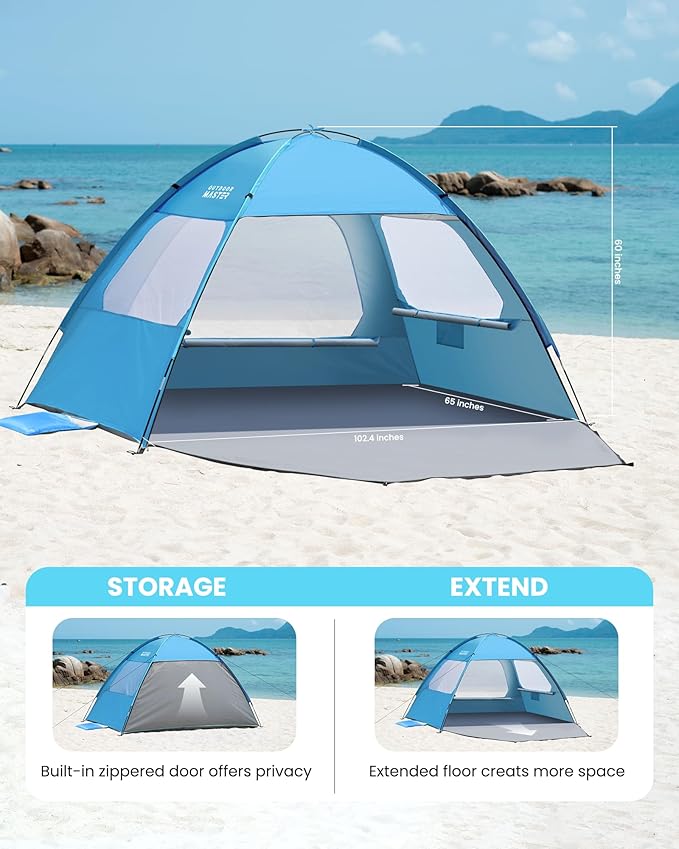 OutdoorMaster Beach Tent for 3/4/6/8 Person - Easy Setup Sun Shade Shelter, Portable Beach Shade Sun Canopy with UPF 50+ UV Protection, Removable Skylight Family Size