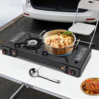 Portable Camping Stove｜24,000 BTU Dual Burner Gas Grill w/Removable Case｜Compact 24.8" Outdoor Cooker for RV Tailgating｜Stainless Steel 2-Burner Propane Stove