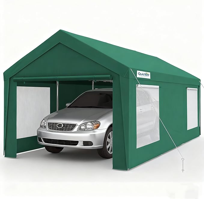 Quictent Upgraded 12x20 ft Heavy Duty Galvanized Carport - Reinforced Outdoor Garage Canopy Tent with Roll-up Ventilated Windows & Sidewalls, Weatherproof Shelter for Car, Boat, RV - Green