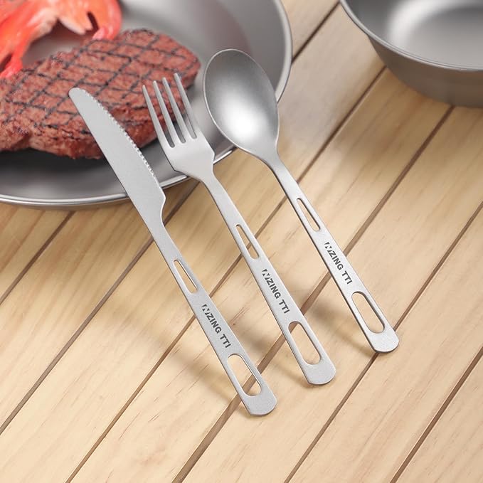Titanium Tableware Set, 8-Piece Camping Dinnerware Kit, Titanium Bowl, Plate, Cup, Fork, Spoon, and Napkin, Includes Storage Bag, for Backpacking, Camping, Hiking, and Picnics