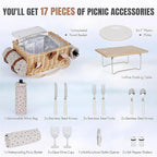 HappyPicnic Picnic Basket for 2, Handmade Wicker Picnic Set with Folding Table and Waterproof Blanket, Large Insulated Picnic Basket with Wine Bag & Cutlery Kit for Picnic, Camping, Holidays (Cherry)