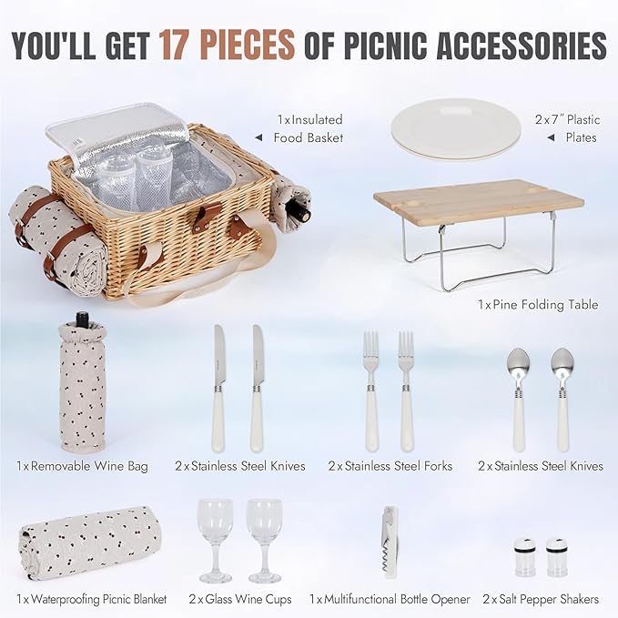 HappyPicnic Picnic Basket for 2, Handmade Wicker Picnic Set with Folding Table and Waterproof Blanket, Large Insulated Picnic Basket with Wine Bag & Cutlery Kit for Picnic, Camping, Holidays (Cherry)