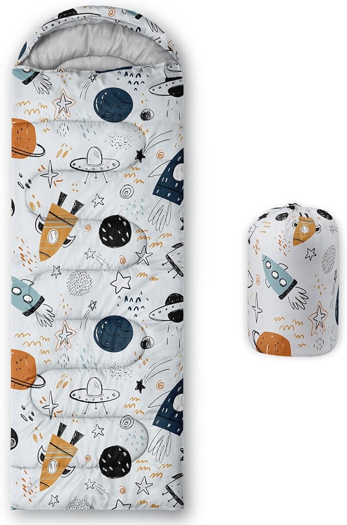 Kids Sleeping Bag for Boys Girls,Cartoon Spaceship Print-Lightweight Warm Portable Outdoor Indoor-Waterproof Cold Weather Resistant Sleeping Bag for Camping Hiking(Spaceship)