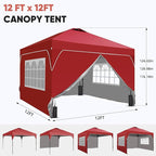 GDY 12x12FT Pop Up Canopy Tent with One Push Setup, Easy to Install with 4-Sidewalls for Events, Parties, Camping, Outdoor Gazebo with 4-Sandbags and Wheel Bag,Red.
