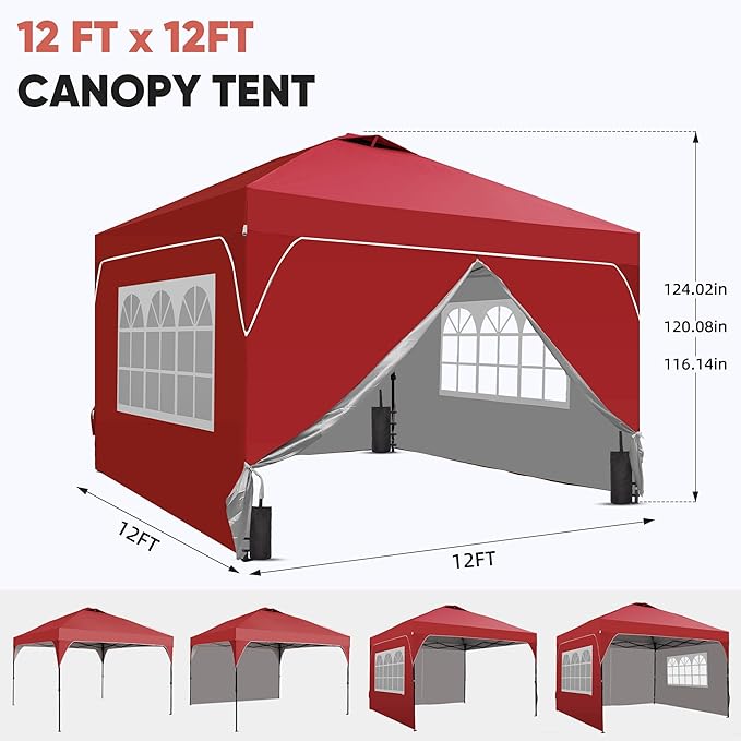GDY 12x12FT Pop Up Canopy Tent with One Push Setup, Easy to Install with 4-Sidewalls for Events, Parties, Camping, Outdoor Gazebo with 4-Sandbags and Wheel Bag,Red.