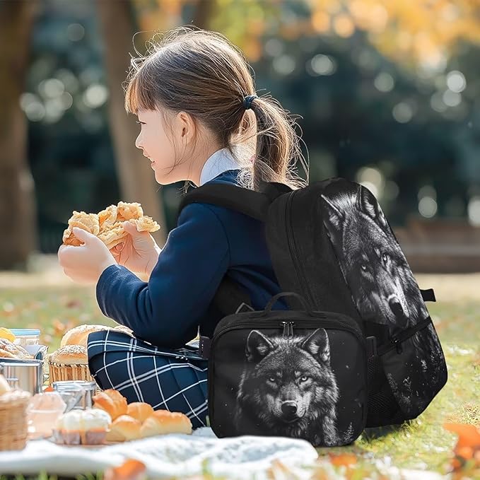 Wolf Backpack for Men Black Bookbag with Lunch Box Lightweight Satchel Bag with Adjustable Shoulder Strap for Men Casual Book Bag for Travel Outdoor