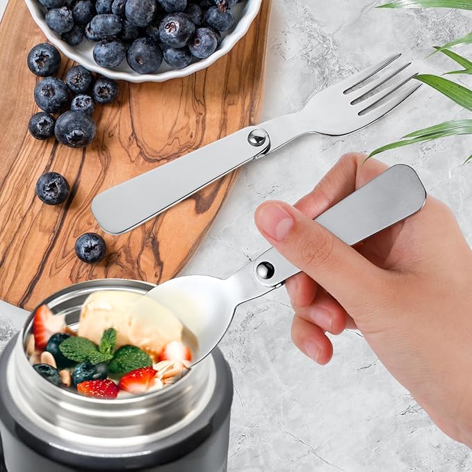 Spoon Fork for THERMOS FUNTAINER Food Jar 10 Oz, Multifunctional Tableware Set Folding Spoon and Fork Replacement Foldable Metal Serving for Hot Food Lunch Picnic Travel Outdoor