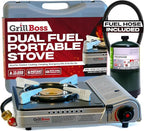 Grill Boss Dual Fuel Camp Stove - 12,000 BTU Butane & Propane Portable Stoves for Camping, Emergencies, BBQ, Hiking & Backpacking - Double Wind Guard, Instant Piezo Ignition System - 90057