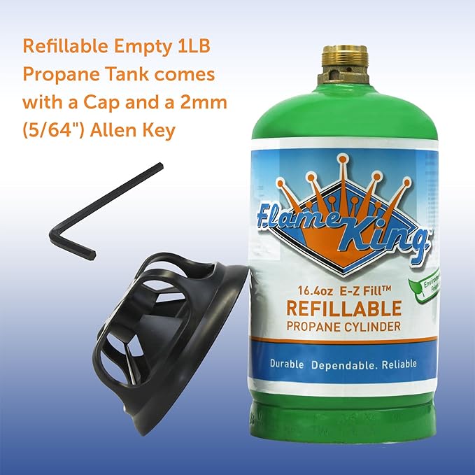 Flame King 1LB EMPTY Propane Cylinder Tank – Refillable – Reusable – Safe and Legal Refill Option – DOT Compliant – 16.4 oz for Camping, Backpacking, and Hiking (4-Pack), Green (YSN164-4)