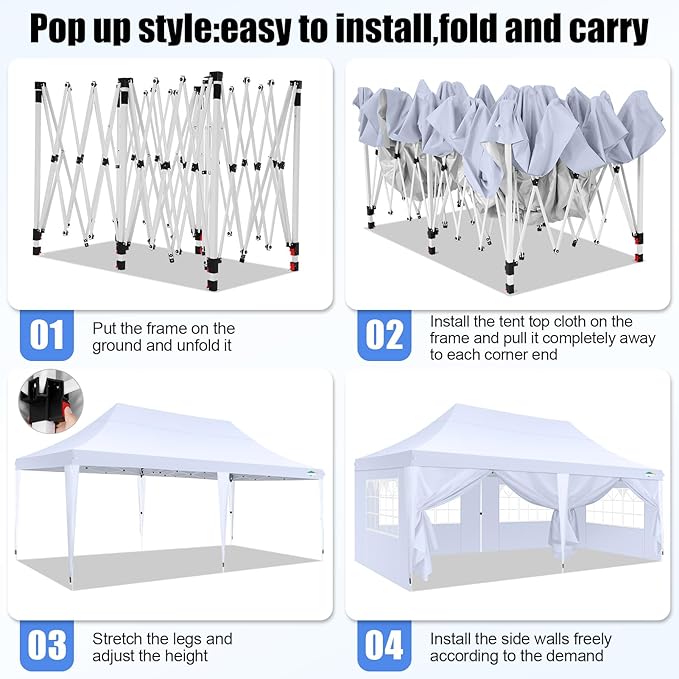 COBIZI 10x20 Pop Up Canopy with 6 Sidewall, Commercial Canopy UPF 50+ Waterproof Outdoor Gazebo with Carry Bag, Tents for Parties with Upgrade Frame, 3 Height Adjustable, White