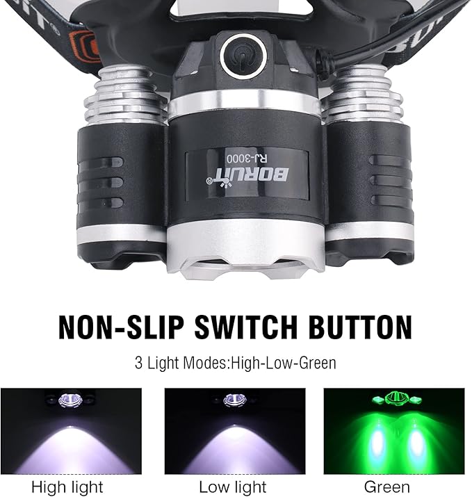 BORUIT RJ-3000 Headlamp with Green Light, Super Bright LED Head Lamp 3 Modes, USB C Rechargeable, Waterproof Head Light for Hunting, Construction, Hard Hat, Fishing, Camping
