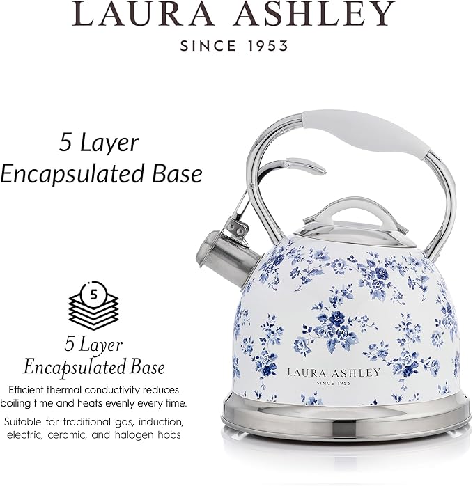 Laura Ashley China Rose Stovetop Kettle with Whistle - 2.5L Fast Boil Stainless Steel Kettle Stove Top - Silicon Coated Cool Handle Camping Kettle for Gas, Induction Hob - Compatible with Aga Stove