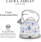Laura Ashley China Rose Stovetop Kettle with Whistle - 2.5L Fast Boil Stainless Steel Kettle Stove Top - Silicon Coated Cool Handle Camping Kettle for Gas, Induction Hob - Compatible with Aga Stove