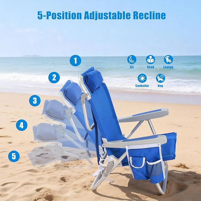 SUNNYFEEL Low Beach Chair 5 Position Lay Flat, Portable Folding Backpack Beach Chairs Heavy Duty with Cooler Bag, Cup Holder for Outdoor/Lawn/Trip/Picnic/Fishing, Foldable Camping Chair (New Blue)