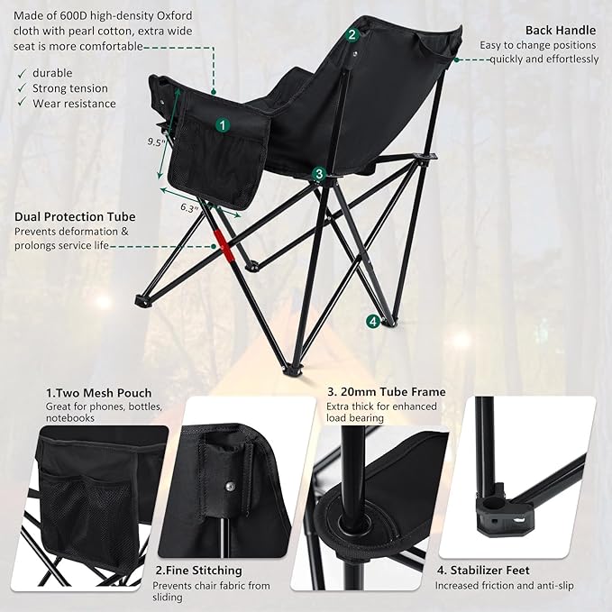 Leonyo 2 Pcs Portable Camping Chairs for Adults, Oversized Lawn Chair with Folding Camping Table for Outdoor Sports, Fishing, Rv Travel, Beach, Picnic – Black