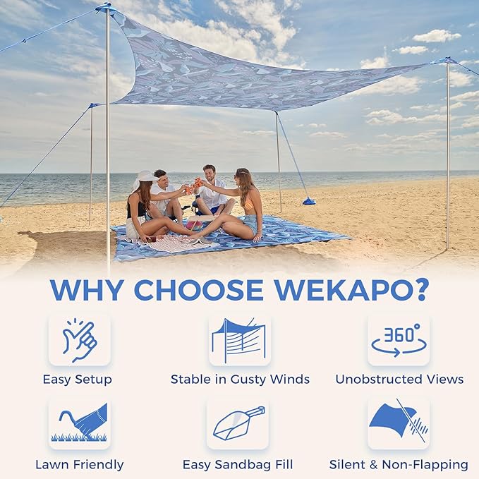 WEKAPO Beach Tent Sun Shelter - Easy Setup Beach Canopy with 4 Sturdy Poles, Large Sandbags and Shovel, 7'8'' Tall, Windproof Sun Shade for Backyard and Camping, UPF 50+ Protection