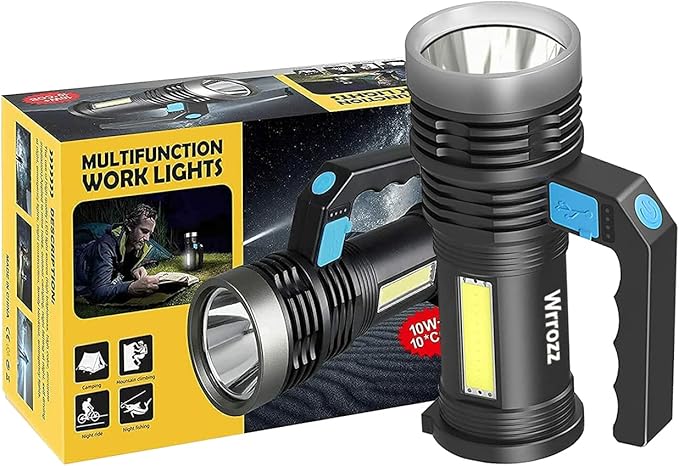 LED Flashlight High Lumens USB Rechargeable Flashlight for Camping, Hiking, Walking, Powerful Emergency Flashlight with 4 Modes for Outdoor Use, Bright Flashlight with Sidelight Lantern