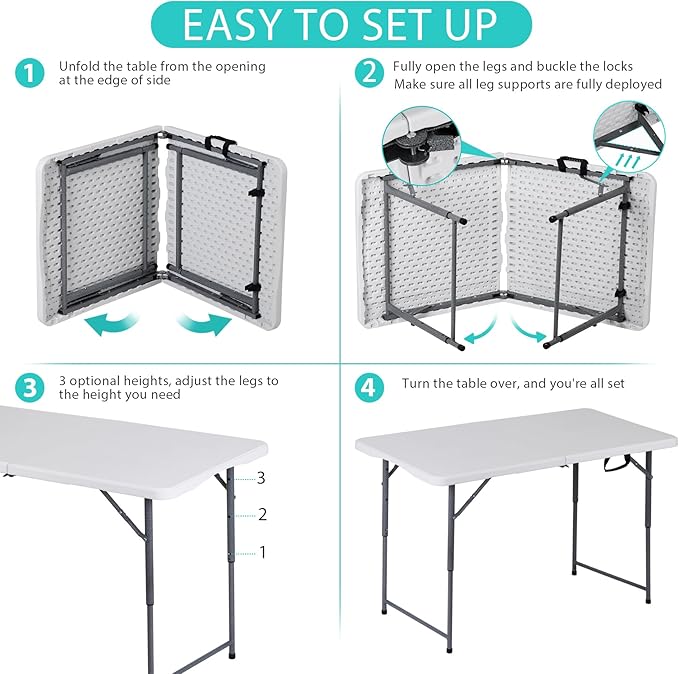 ZenStyle 4 ft Folding Table, 48x24 Inch White Portable Plastic Table, Height Adjustable & Lightweight for Indoor Outdoor Use, Camping, Parties, Events, Dining