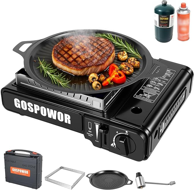 Propane or Butane Stove, Dual Fuel Propane Stove for Camping, 10,000 BTU Automatic Ignition Portable Gas Stove with Carrying Case & Windblocker & Griddle for Hiking(Fuel Not Included)