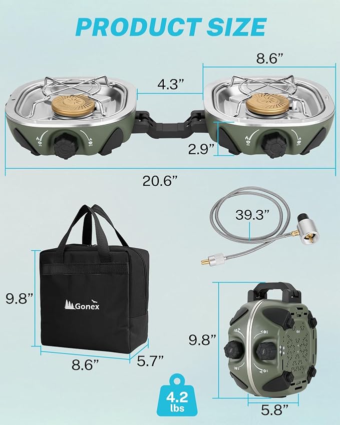 Gonex AeroFlame Dual Burner 20,000 BTUs Propane Camping Stove with Precision Flame Control & Removable Pot Stands, Portable Folding Camp Stove for Camping, Hiking, Patio, BBQ(Army Green)