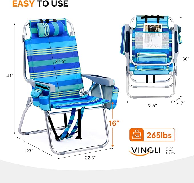 VINGLI Tall Beach Chair 2 Pack Lightweight, Backpack Beach Chair for Adults with 5-Position, Cooler Bag, Cup Holders, Towel Bar, Lightweight Folding Beach Camping Chairs