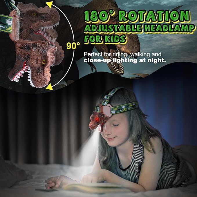Upgraded Rechargeable Dinosaur Headlamp for Kids, Led Flashlight for Boys or Girls Outdoor Camping Gear, Roar & Silent Mode- Ideal Gift for Birthday, Halloween, Christmas