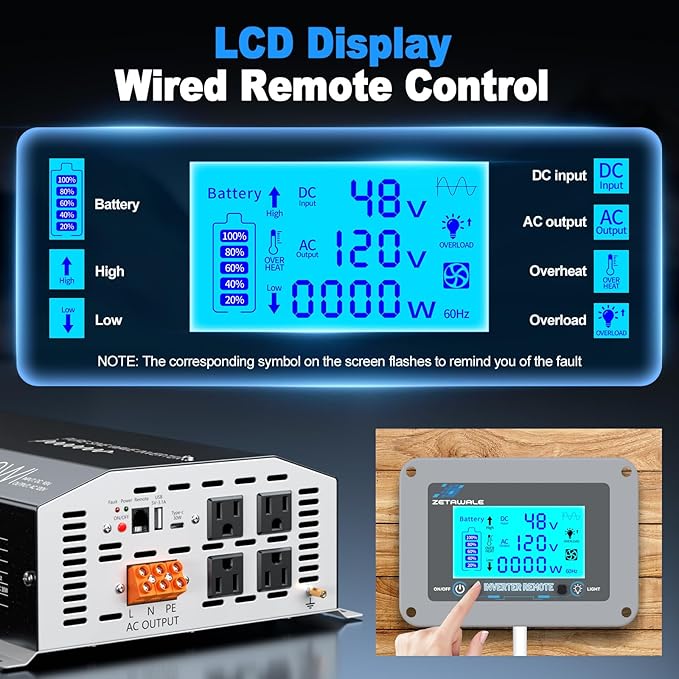 4000W Pure Sine Wave Inverter 48V DC to 110V/120V AC Converter, 8000W Peak, High-Efficiency Off-Grid Power Inverter for Solar System, 4 AC Outlets, USB & Type-C, LCD Remote Control