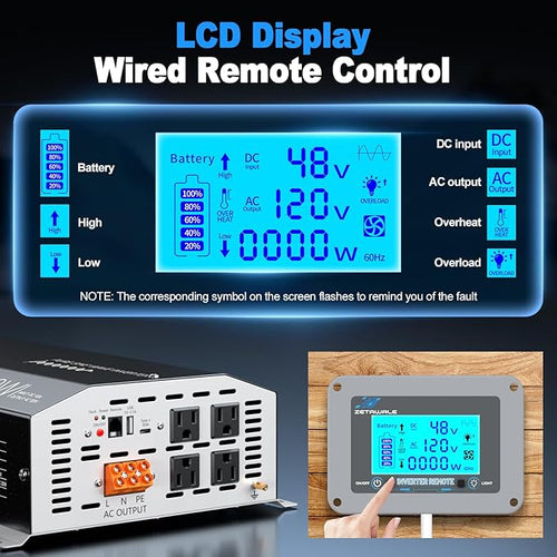 4000W Pure Sine Wave Inverter 48V DC to 110V/120V AC Converter, 8000W Peak, High-Efficiency Off-Grid Power Inverter for Solar System, 4 AC Outlets, USB & Type-C, LCD Remote Control