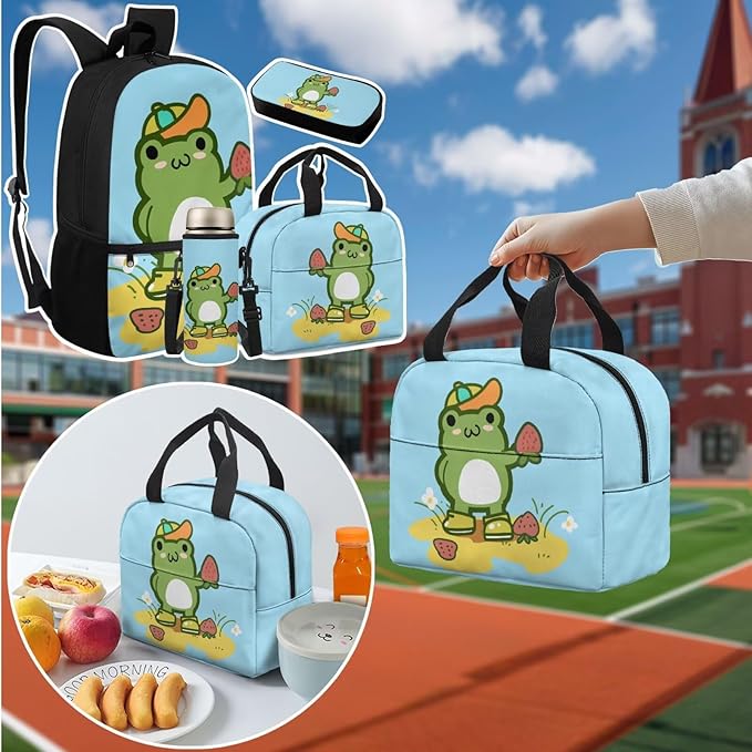 School Backpack for Boys 4 Pcs Kids Backpack with Water Bottle Bag Large Capacity Pencil Case Frog Schoolbag for Travel Camping Kindergarten Elementary Middle Backpacks for Back to School